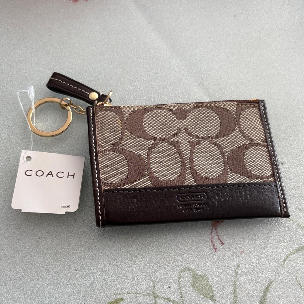 Coach Signature Brown and Tan Keychain Card Wallet